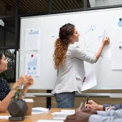 Businesswoman presentation conductor manager coach drawing writing plan on whiteboard presenting new corporate strategy teaching employees team at group training seminar meeting in boardroom office